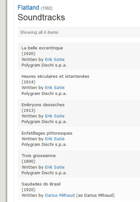 IMDB infoIt shows 2 composers, 5 tracks composed by Erik Satie, and 1 track by Darius Milhaud